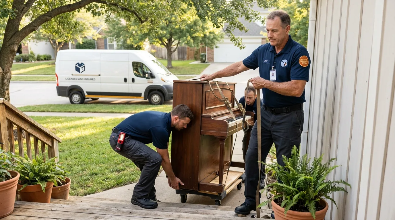 Licensed piano movers securing grand piano in Patten, ME