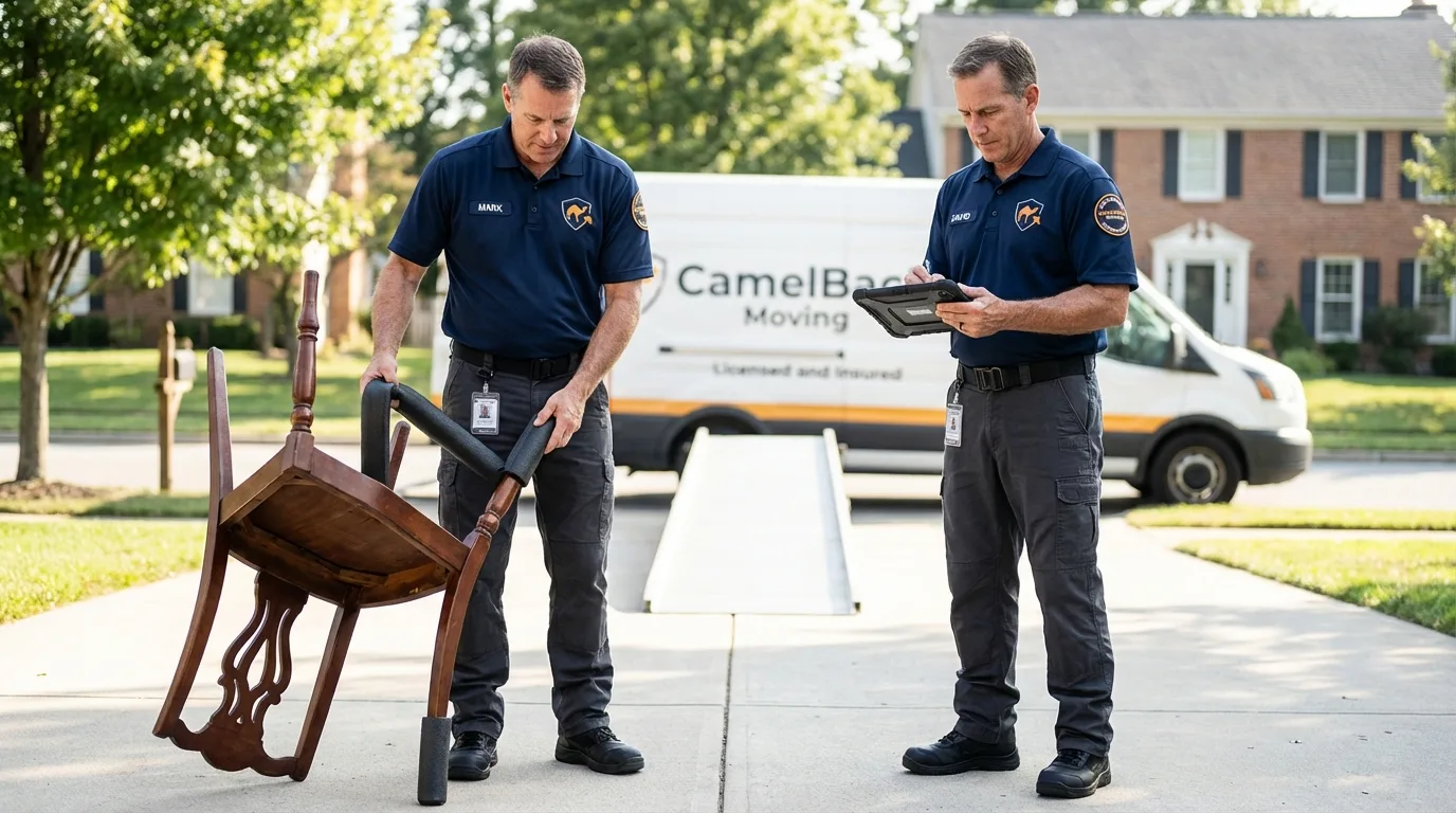 Movers inspecting furniture for damage prevention before loading in Patten, ME