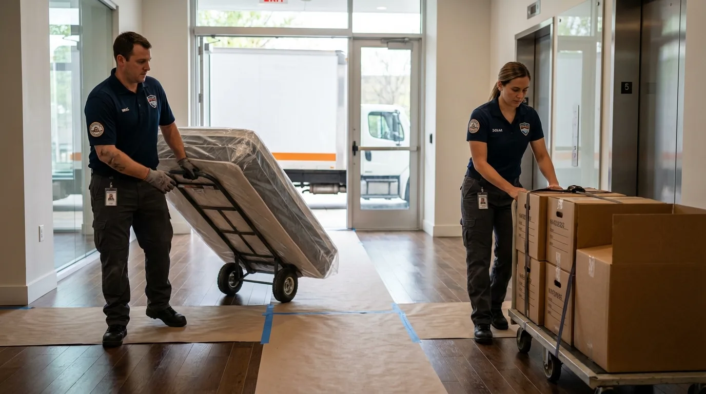 Professional apartment movers loading elevator in Patten, ME