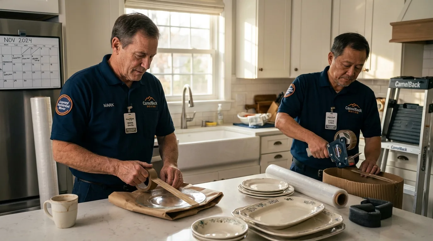 Professional crew packing kitchen dishware in Patten, ME